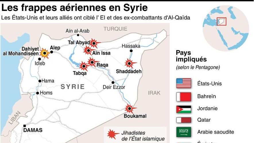 Carte de la Syrie indiquant le 23 septembre 2014 les frappes aériennes des États-Unis et leur alliés sur des positions jihadistes du groupe EI
