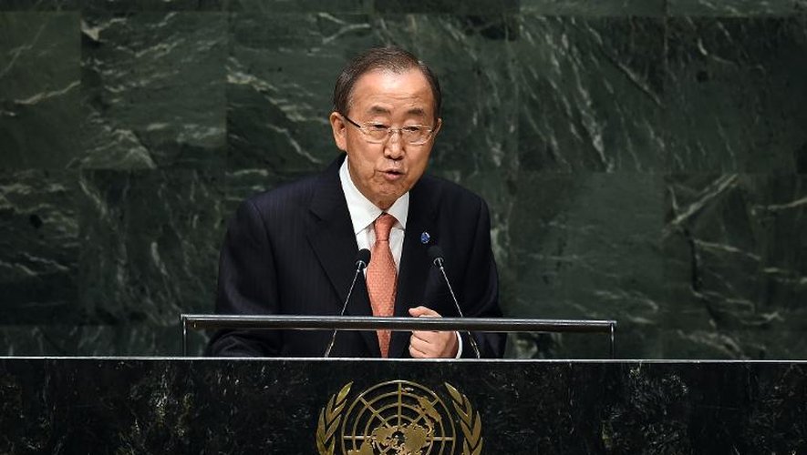 Le secrétaire général de l'ONU Ban Ki-moon à la tribune de l'Assemblée générale de l'organisation internationale à New York le 24 septembre 2014