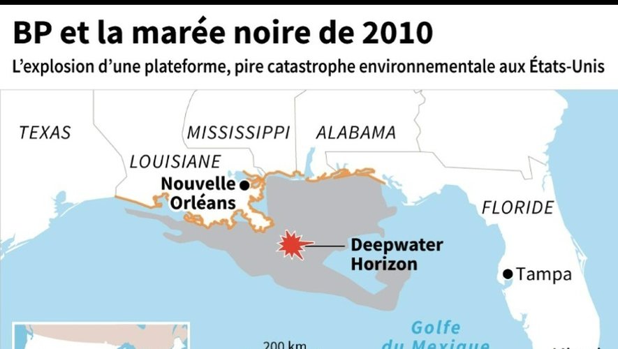 Localisation de l'explosion de la plateforme Deepwater Horizon en 2010 aux USA