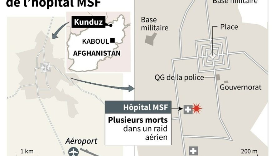 Cartes de localisation de Kunduz et de la ville où l'hôpital de MSF a été touché par une frappe aérienne américaine