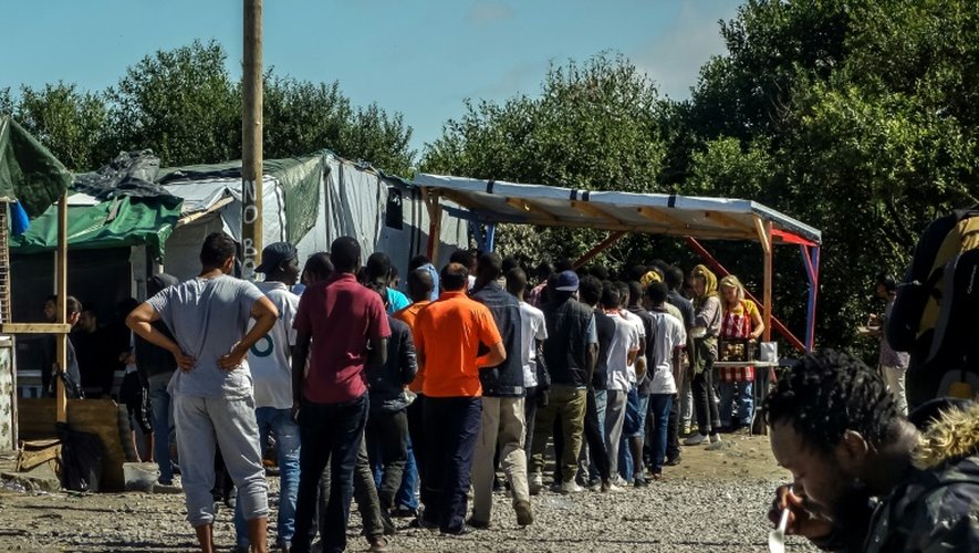 Des migrants font la queue pour recevoir de la nourriture dans la "Jungle" due Calais, dans le nord de la France, le 12 août 2016