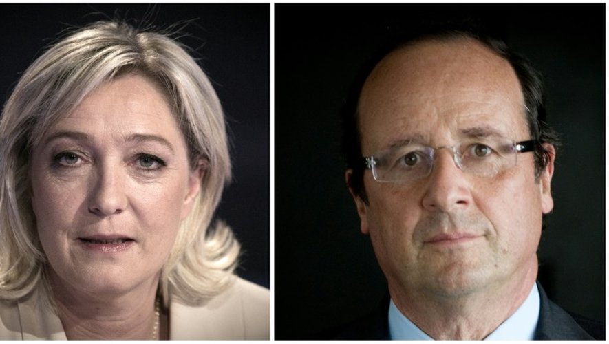 Montage fait le 12 avril 2012 de portraits de la présidente du Front National 
Marine Le Pen et du président François Hollande