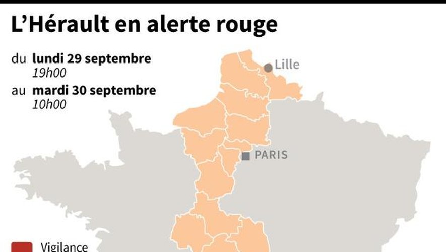 Carte de France avec les départements en alerte orange et rouge, inondations, crues et orages
