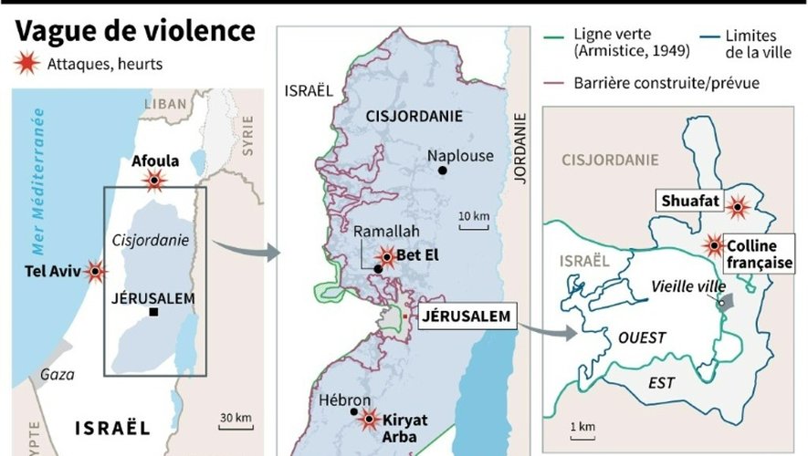 Carte d'Israël et des territoires occupés montrant les points chauds de jeudi
