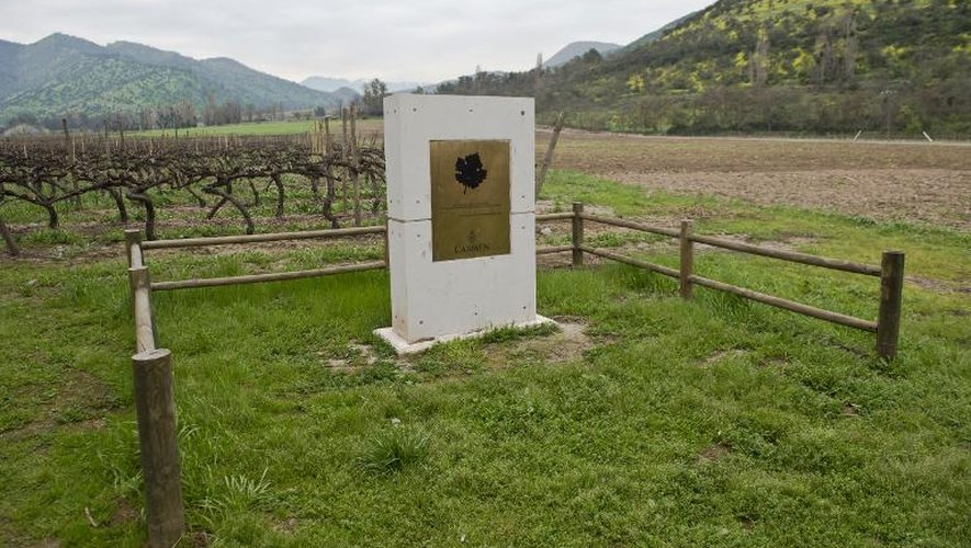Dans le vignoble d'El Carmen, au Chili, une stèle marque le lieu ou le cépage de Carménère a été redécouvert, ici le 23 septembre 2014