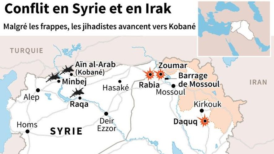 Infographie montrant une carte de la Syrie et de l'Irak, localisant les frappes de la coalition et les combats entre Kurdes et groupe EI