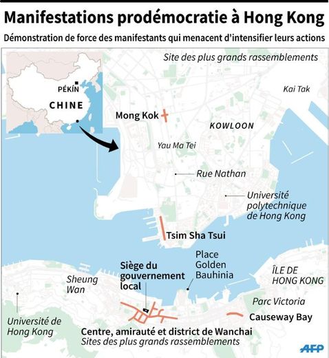Carte des sites des principaux rassemblements de protestation à Hong-Kong