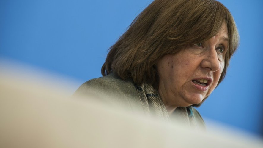 Svetlana Alexievich le 10 octobre  2015 lors d'une conférence de presse à Berlin