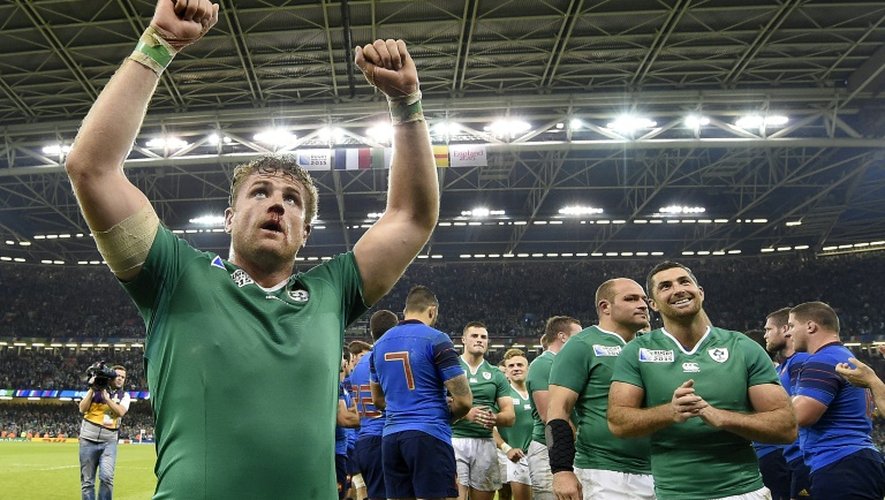 La joie de Jamie Heaslip (g) après la victoire de l'Irlande sur la France en Coupe du monde le 11 octobre 2015 au Millenium Stadium de Cardiff