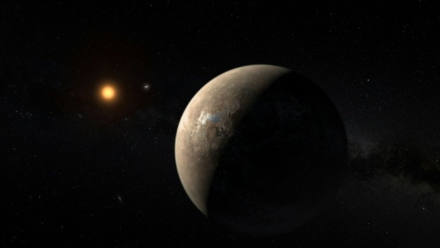 Vue d'artiste diffusée le 24 août 2016 de l'exoplanète Proxima b en orbite autour de Proxima du Centaure