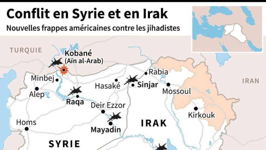 Carte de la Syrie et de l'Irak, localisant les frappes américaines contre les jihadistes