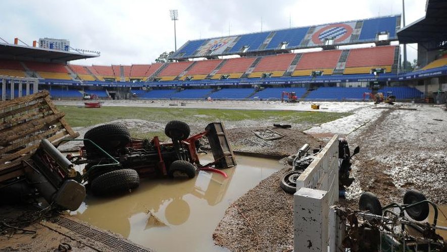 Le stade de la Mosson touché par les inondations à Montpellier, le 7 octobre 2014