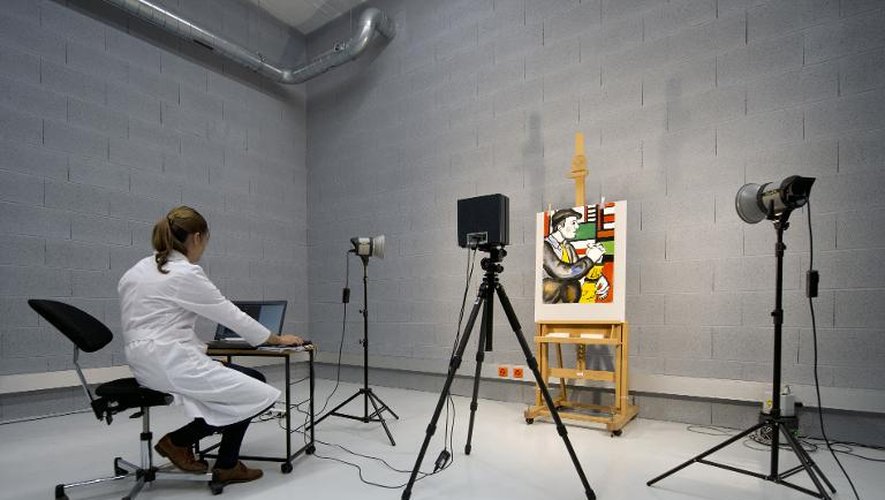 La scientifique Valeria Ciocan analyse des images infrarouges d'un tableau à la recherche de traçes de contrefaçon, le 19 septembre 2014 au laboratoire FAEI à Genève