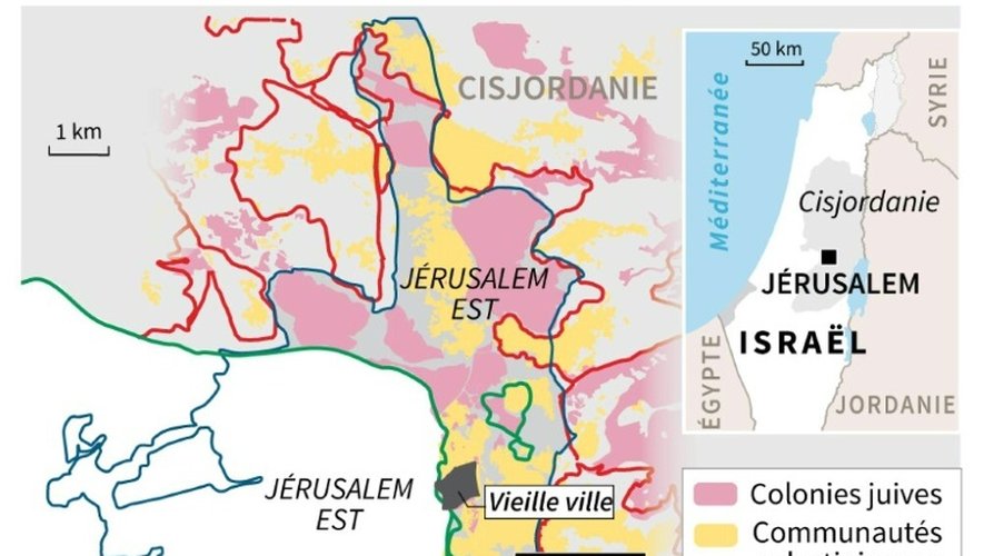 Carte de Jérusalem-Est localisant les colonies juives, les communautés palestiniennes et le premier poste de contrôle à Jabel Mukaber
