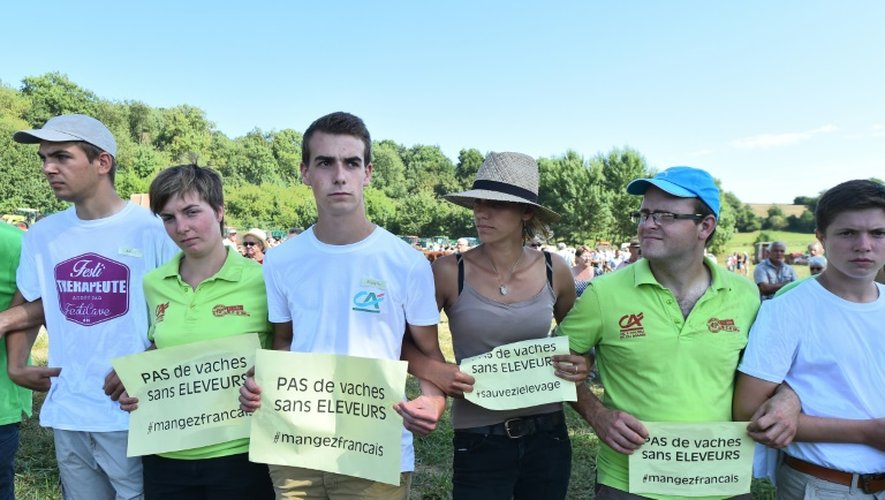 Des jeunes agriculteurs dénoncent les bas prix du lait le 27 août 2016, à Mareil-en-Champagne (nord-ouest)