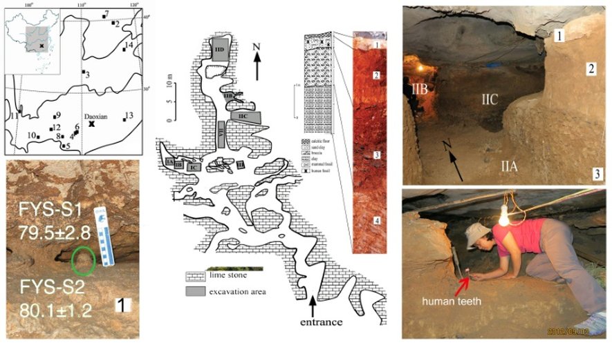 Images fournies par la revue britannique Nature le 14 octobre 2015 montrant la localisation et l'intérieur de la grotte de Fuyan, dans le sud de la Chine, où 47 dents d'humains ont été trouvées