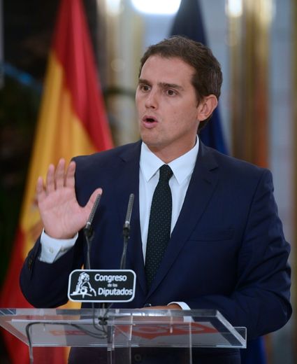 Albert Rivera, responsable du parti libéral Ciudadanos, tient une conférence de presse à Madrid, le 28 août 2016