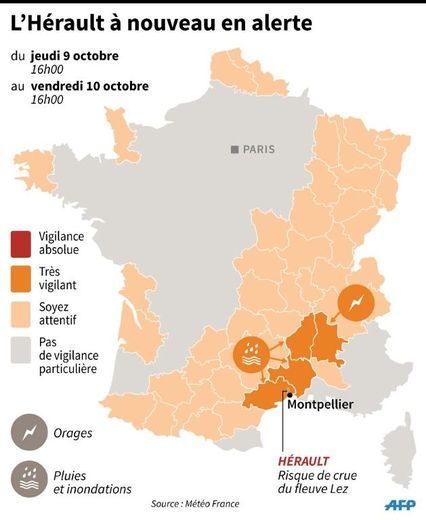 Carte de France avec les départements en alerte orange, inondations, crues et orages