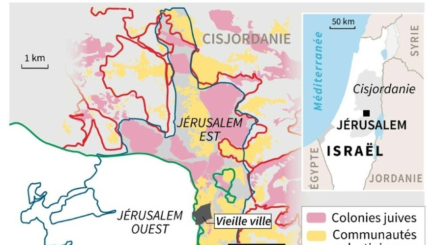 Carte de Jérusalem-Est localisant les colonies juives, les communautés palestiniennes et le premier poste de contrôle à Jabel Mukaber
