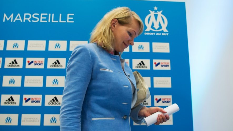 Margarita Louis-Dreyfus, proprietaire de l'Olympique de Marseille, le 4 août 2016 après une conférence de presse au Vélodrome