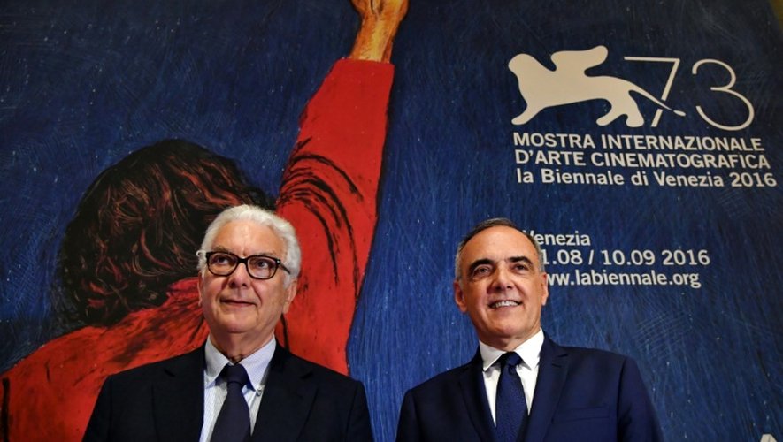 Paolo Baratta, président de la Mostra et Alberto Barbera, directeur artistique, lors de la présentation de la 73e édition, le 28 juillet 2016 à Venise