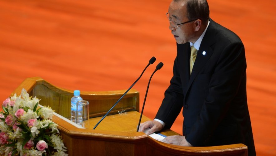 Le secrétaire général de l'ONU, Ban Ki-moon s'exprime à l'ouverture de la conférence de paix de Naypyidaw, le 31 août 2016
