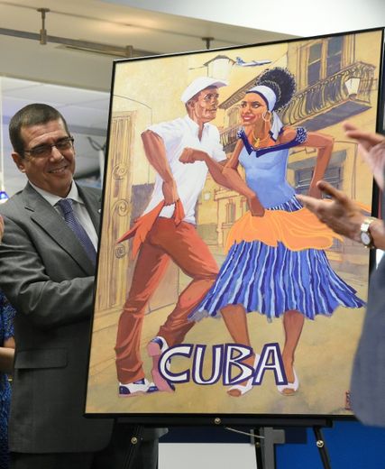 José Cabañas, ambassadeur de Cuba aux Etats-Unis lors d'une conférence de presse à Fort Lauderdale consacrée au lancement du premier vol régulier Etats-Unis-Cuba, le 31 août 2016