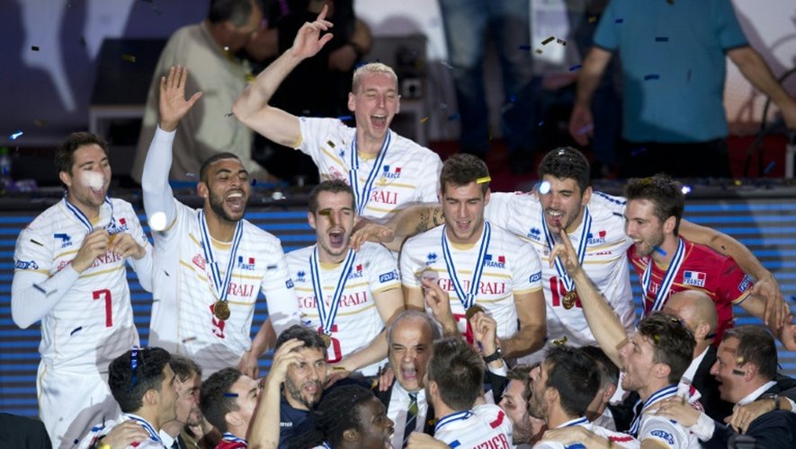 L'équipe de France de volleyball, sacrée championne d'Europe devant la Slovénie, le 18 octobre 2015 à Sofia