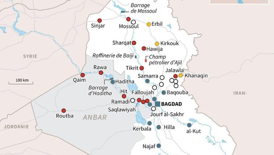 Carte des villes d'Irak contrôlées par le groupe de l'État islamique, les kurdes peshmergas et les forces gouvernementales