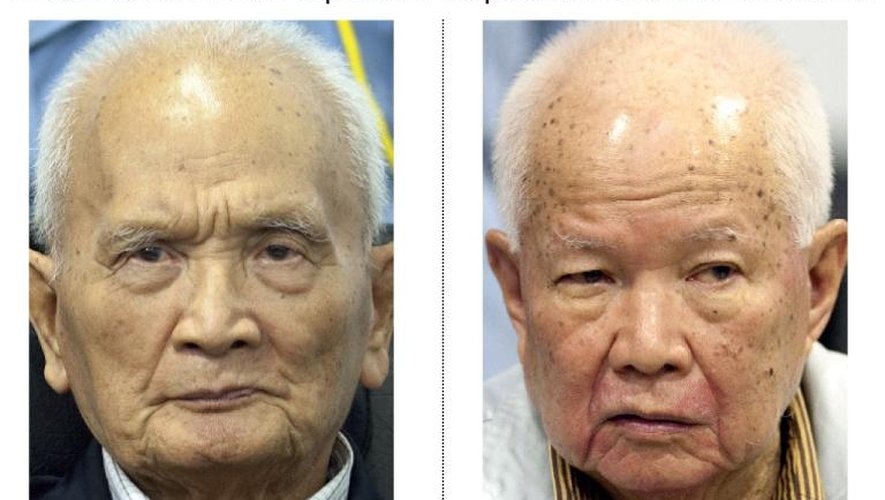 Portrait de Nun Chea et Khieu Samphan, condamnés à la perpétuité pour crime contre l'humanité en août 2014