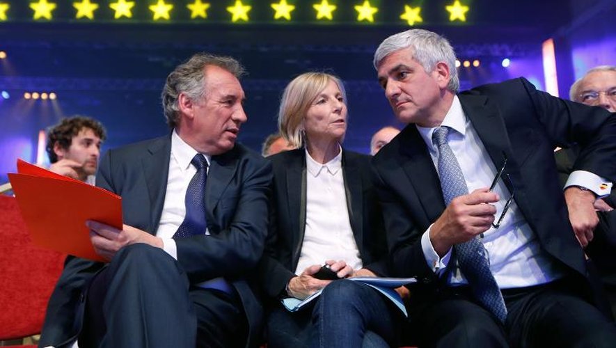 Francois Bayrou, Marielle de Sarnez et Hervé Morin le 18 mai 2014 à La Plaine-Saint-Denis près de Paris