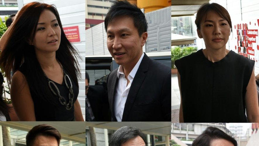 Montage photo des six accusés : le fondateur Kong Hee (haut, c), Serina Wee (haut, g), Sharon Tan (haut d), Tan Ye Peng (bas, g), John Lam (bas, c) et Chew Eng Han (bas, d)