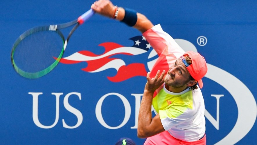 Lucas Pouille lors du match l'opposant à Rafael Nadal lors de l'US Open de tennis le 4 septembre 2016 à New York
