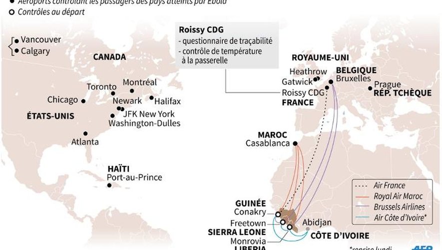 Carte indiquant les aéroports contrôlant les passagers au départ ou à l'arrivée des pays où l'épidémie d'Ebola sévit et vols directs entre l'Afrique de l'Ouest, le Maroc et l'Europe