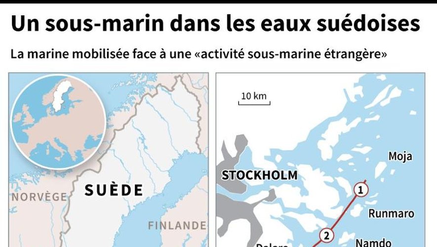 Carte de localisation de la présence d'un sous-marin étranger en Suède