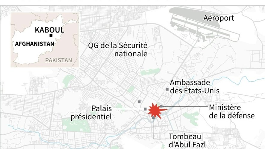 Carte de localisation du double attentat suicide à Kaboul où au moins 24 personnes ont péri lundi à proximité du ministère afghan de la Défense