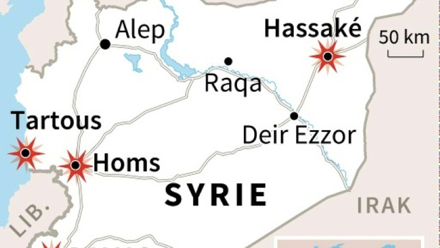 Carte de localisation d'une série d'attaques à la bombe dans plusieurs villes de Syrie, essentiellement contrôlées par le régime