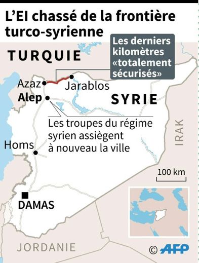 Carte localisant les 91 derniers km de la frontière entre la Turquie et la Syrie d'où le groupe Etat islamique a été chassé