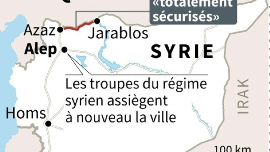 Carte localisant les 91 derniers km de la frontière entre la Turquie et la Syrie d'où le groupe Etat islamique a été chassé