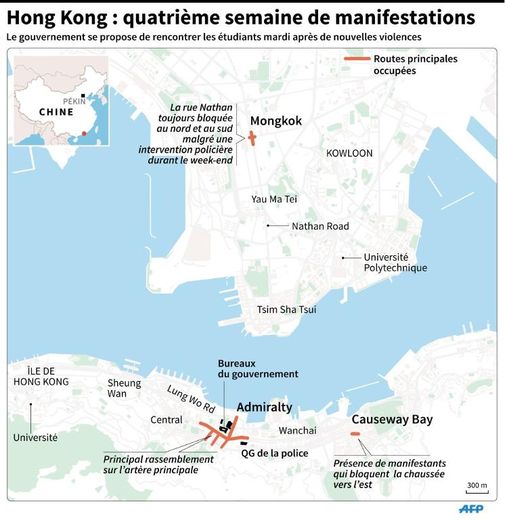 Carte de Hong Kong récapitulant les évènements du week-end et de lundi