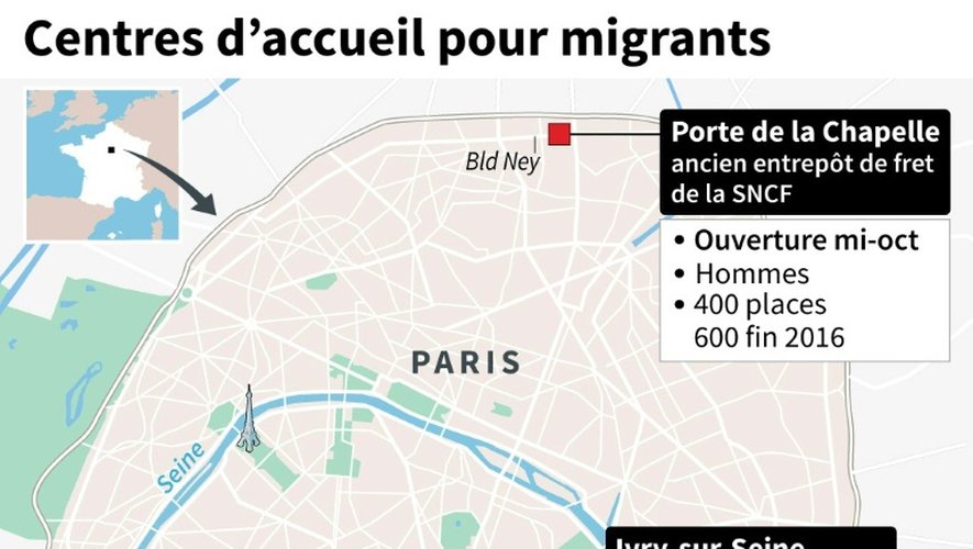 Carte de localisation des centres d'accueil humanitaires pour migrants de Paris et d'Ivry-sur-Seine, prévus d'ouvrir mi-octobre et d'ici la fin de l'année