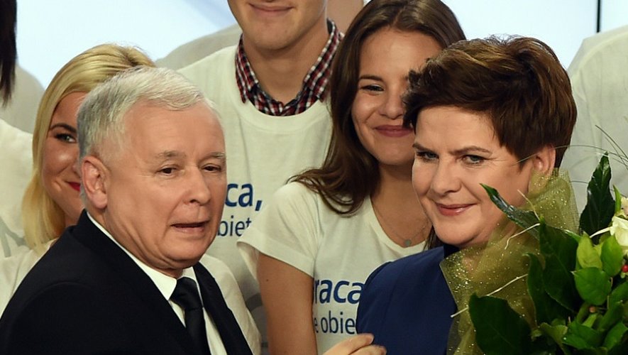 Jaroslaw Kaczynski (g), leader du parti Droit et Justice qui rassemblent les conservateurs catholiques eurosceptiques, et Beata Szydlo, candidate de ce même parti, le 25 octobre 2015 au soir des élections en Pologne