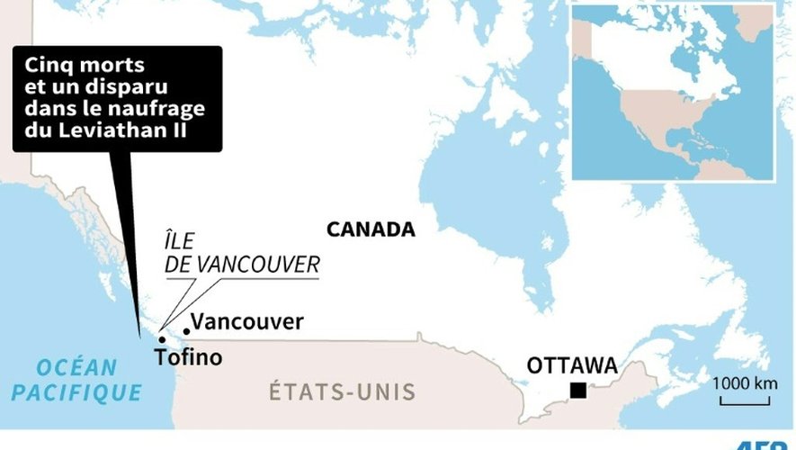 Carte du Canada localisant le naufrage d'un bateau d'observation de baleines qui transportait 27 personnes