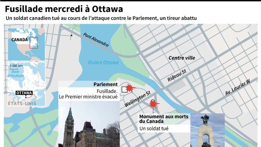Carte détaillée d'Ottawa où des hommes ont ouvert le feu dans le Parlement