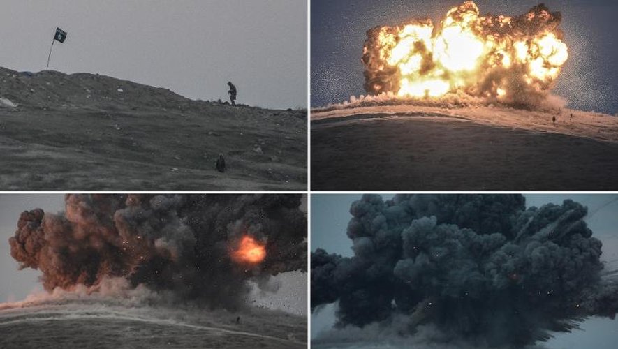 (du haut à gauche vers la droite en bas) Montage de 4 photos montrant des jihadistes de l'EI juste avant une explosion provoquée par une frappe aérienne de la coalition sur une colline de Tilsehir, à la frontière syro-turque