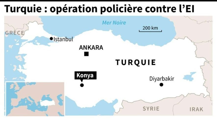 Turquie: carte de localisation de Konya où la police a arrêté 30 personnes soupçonnées d'appartenir au groupe de l'Etat islamique