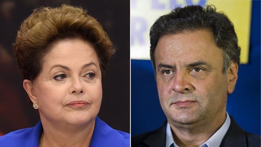 Photo montage des deux candidats à l'élection présidentielle brésilienne: Dilma Rousseff, le 7 octobre 2014, candidate du Parti des travailleurs et présidente sortante, Aecio Neves candidat du PSDB, le 6 octobre 2014