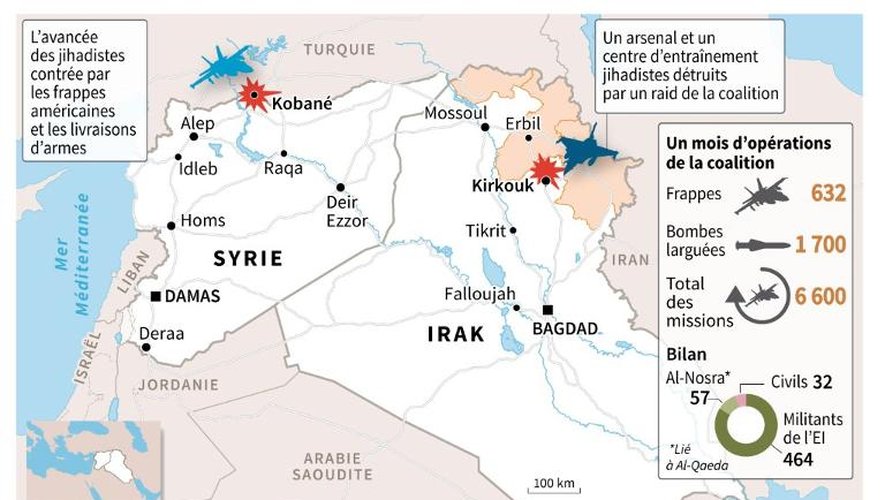 Carte localisant le 24 octobre 2014 les  frappes de la coalition contre l'organisation de l'État islamique