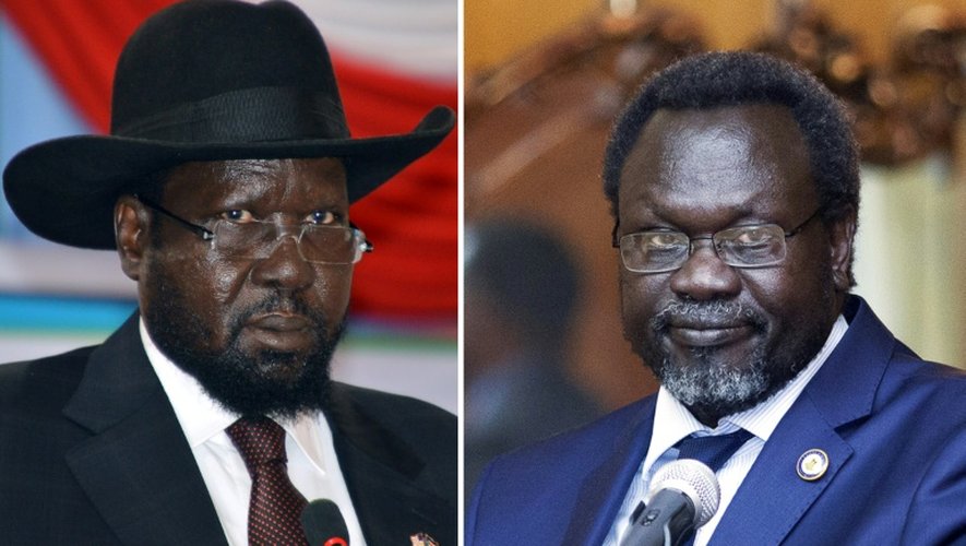 Un montage photo montre le président du Soudan du Sud, Salva Kiir (g), le 2 juin 2014 à Djouba, et son ex-vice-président Riek Machar, le 9 mai 2014 à Addis Abeba