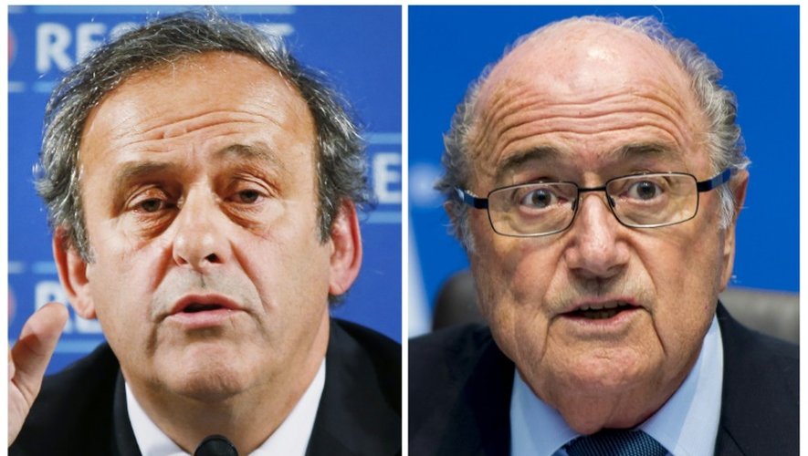Photo montage du président de l'UEFA Michel Platini (g) et du président de la Fifa Sepp Blatter, le 3 juin 2014 à Paris